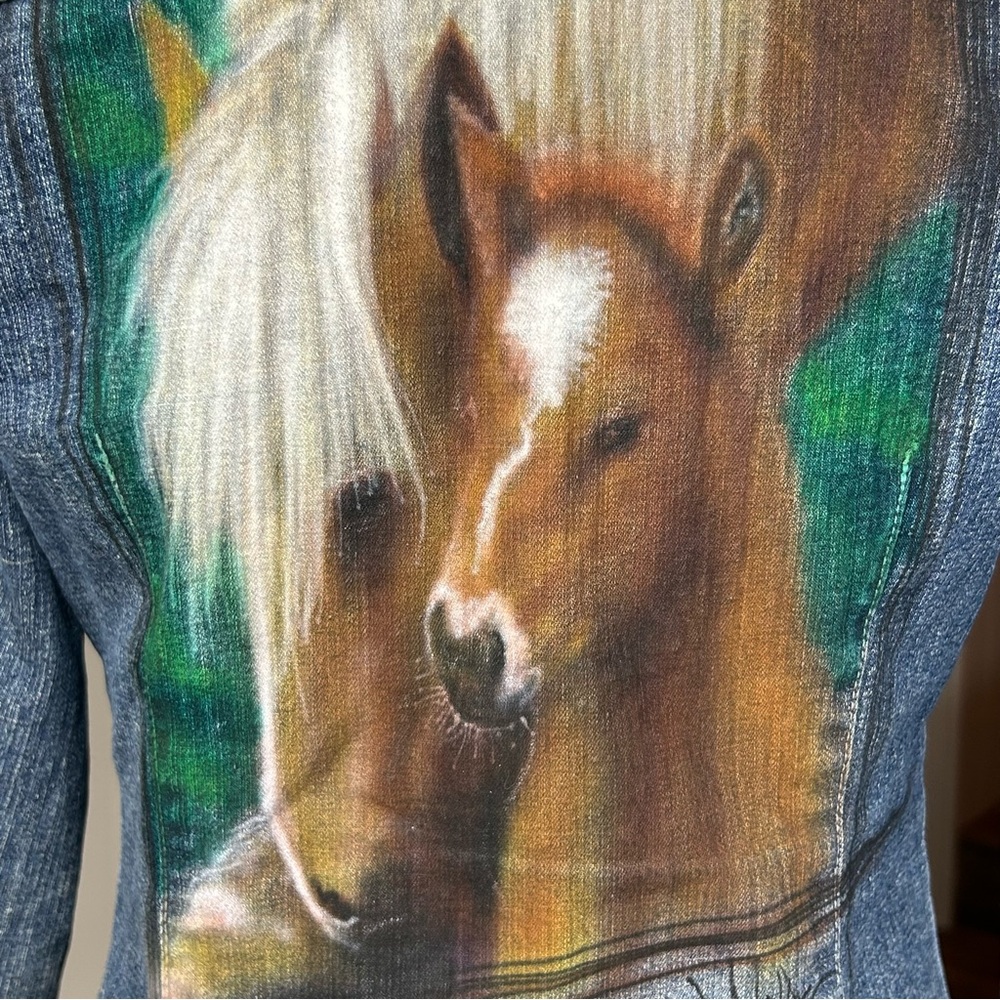 Hand Painted Horses Jean Jacket L Artist Signed One of A Kind Cowgirl - Picture 7 of 11